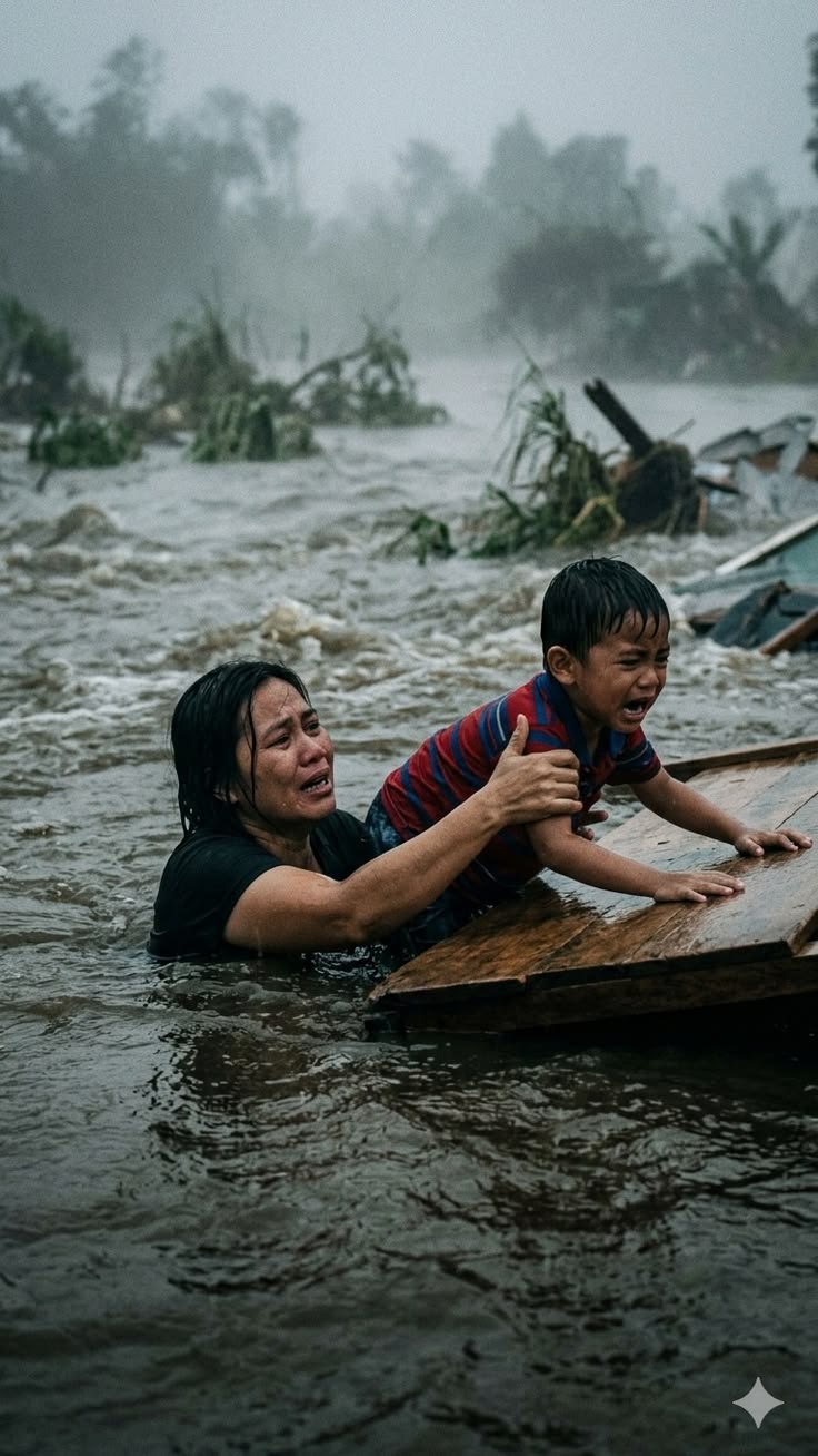 A distressed mother holding her crying young son as they struggle in deep floodwaters